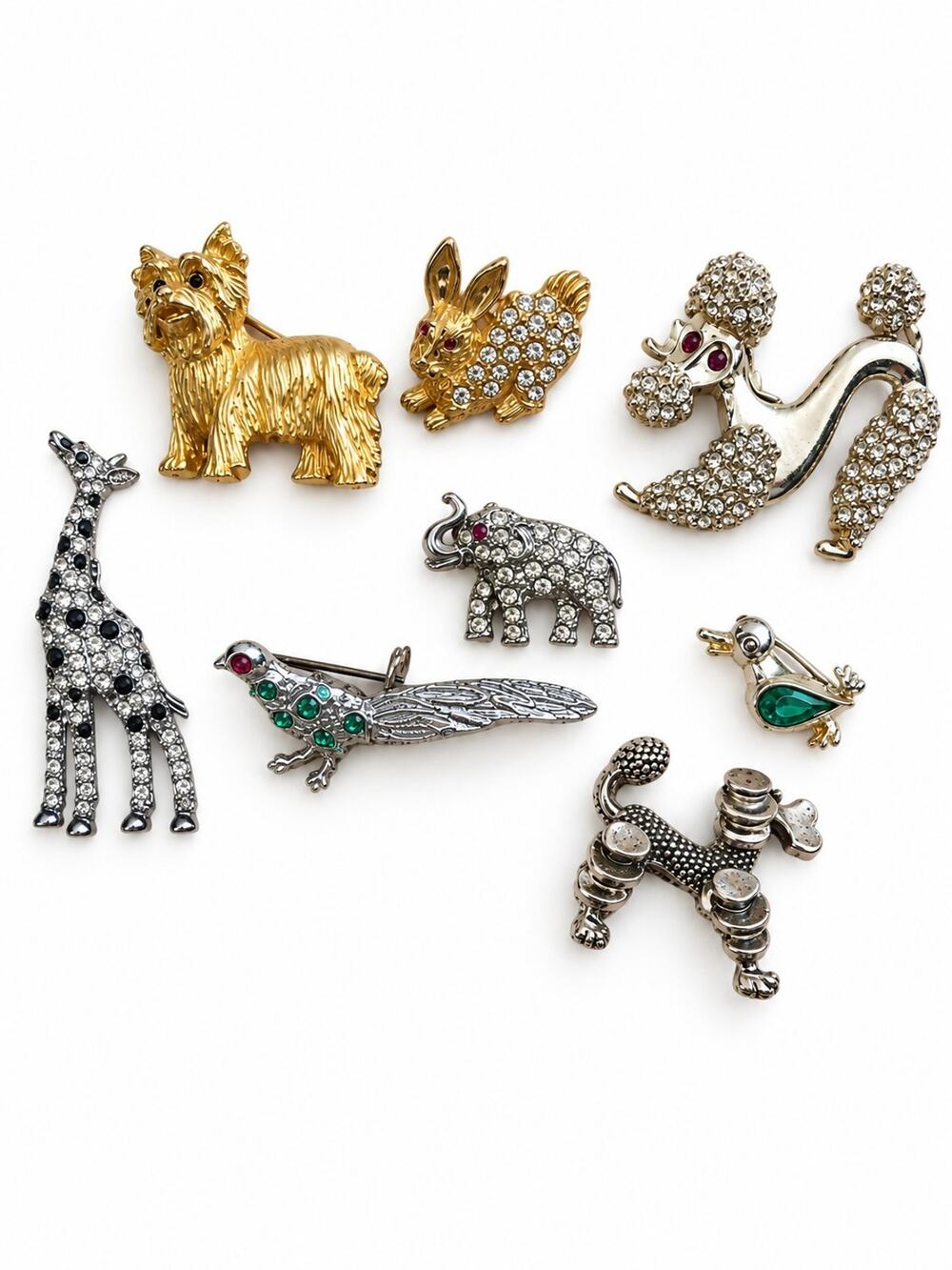 Vintage Animal Brooch Pin Lot 8pc Rhinestone Crystal Poodle Giraffe Elephant
